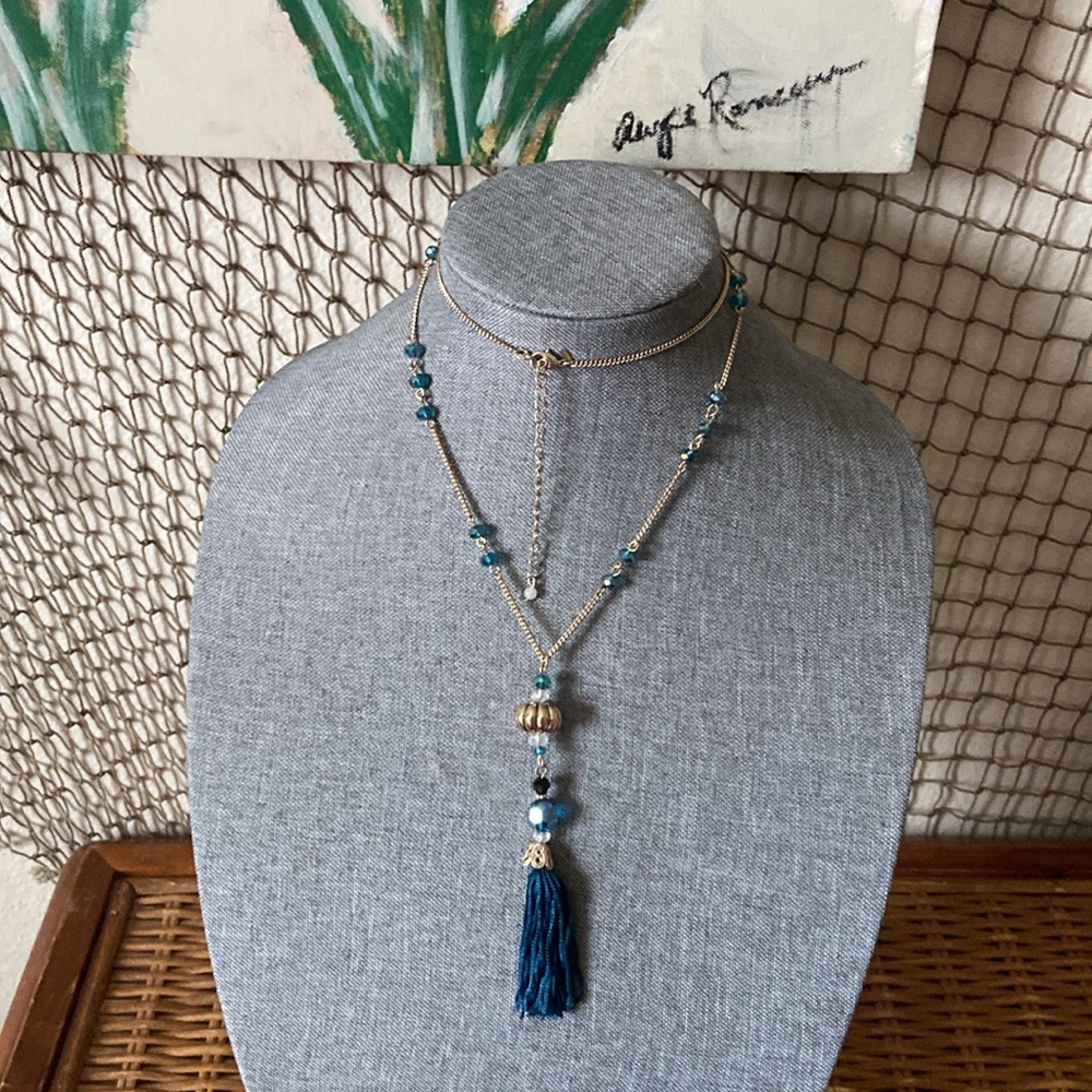 Vintage AVON Blue Crystal Beads Teal Tassell Necklace